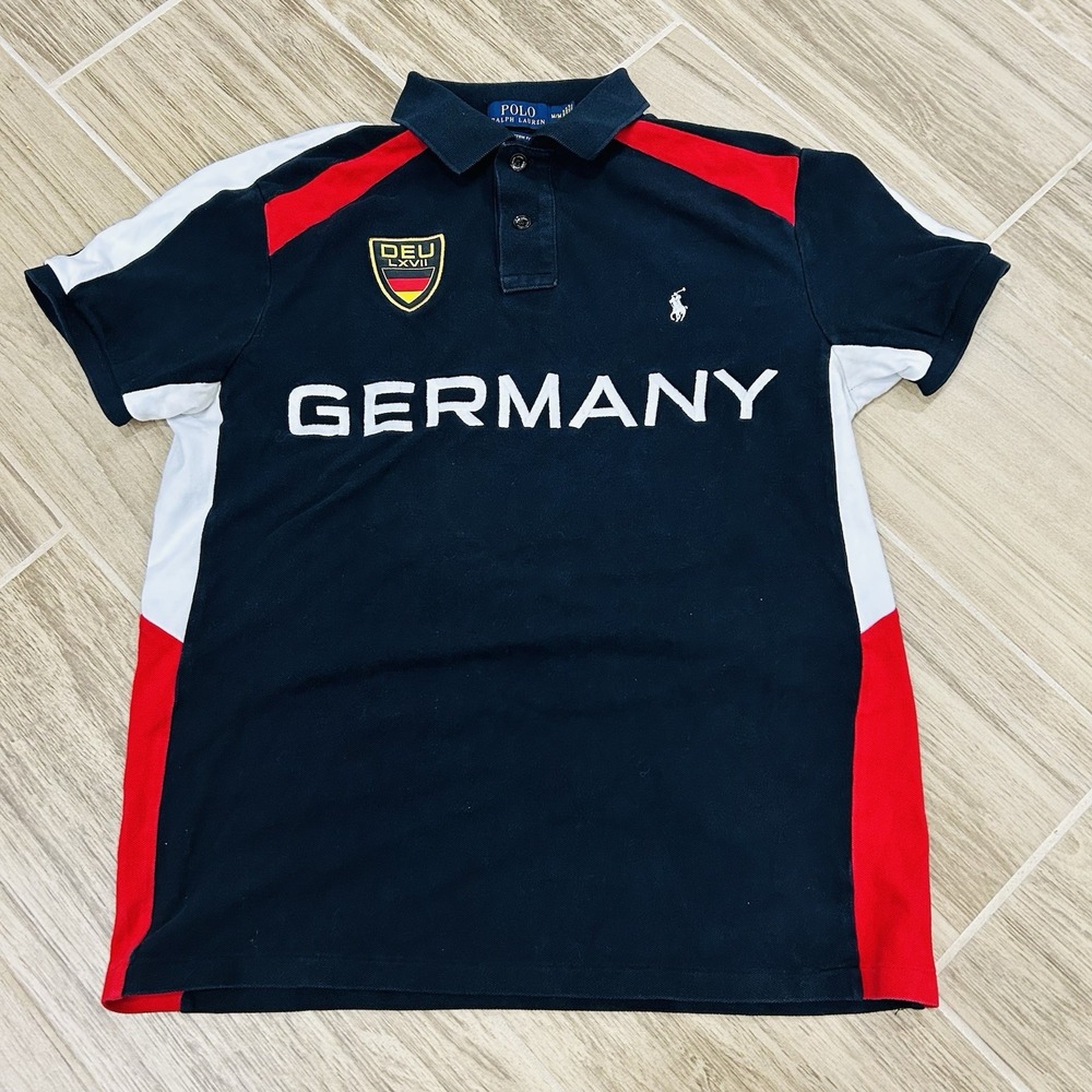 Polo Ralph Lauren Custom Fit Germany Polo Shirt Mens Medium Black Red White Flag